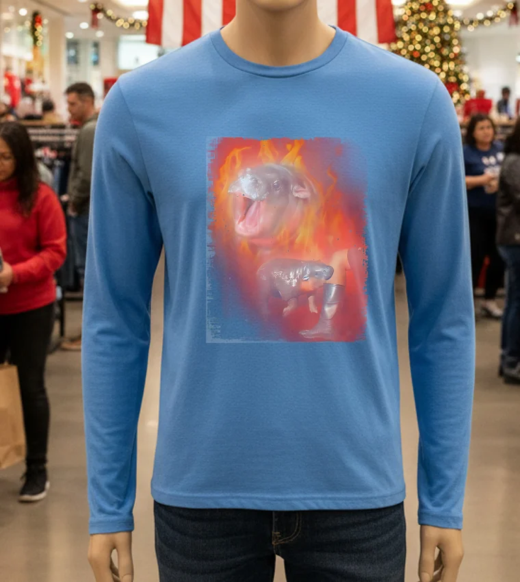 Moo Deng Bouncy Pig In Thai Fire Picture The Cute Baby Hippo - blue-t-shirt Moo Deng Bouncy Pig In Thai Fire Picture The Cute Baby Hippo Blue T Shirt