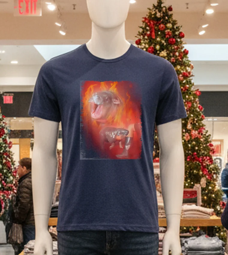 Moo Deng Bouncy Pig In Thai Fire Picture The Cute Baby Hippo - navy-t-shirt Moo Deng Bouncy Pig In Thai Fire Picture The Cute Baby Hippo Navy T Shirt