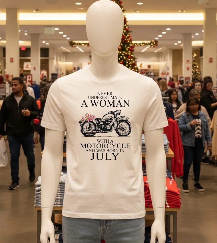 Never Underestimate A Woman With A Motorcycle Who Was Born In July - white-t-shirt Never Underestimate A Woman With A Motorcycle Who Was Born In July White T Shirt