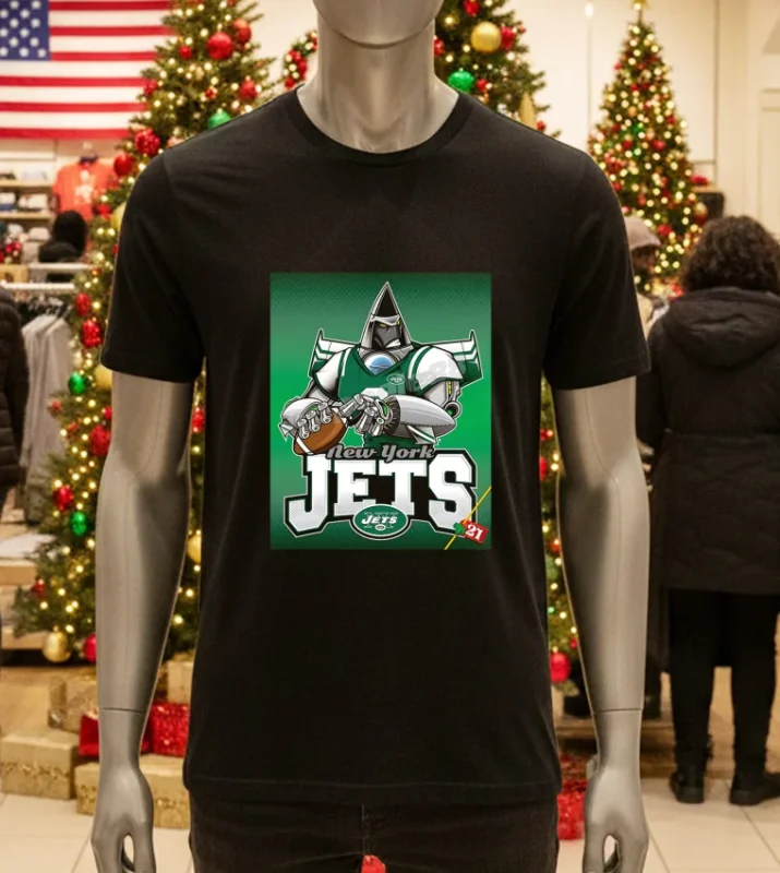 New York Jets black t-shirt featuring a robot anime design.
