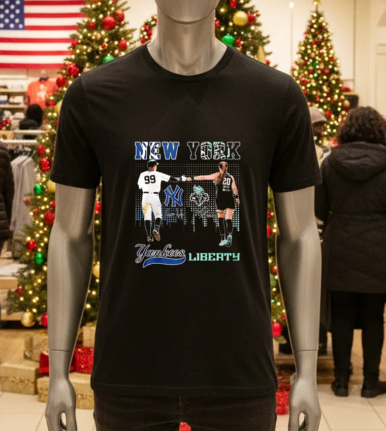 New York Yankees Judge No.99 New York Liberty Ionescu No.20 - black-t-shirt Black t-shirt featuring Yankees Judge and Liberty Ionescu player numbers.
