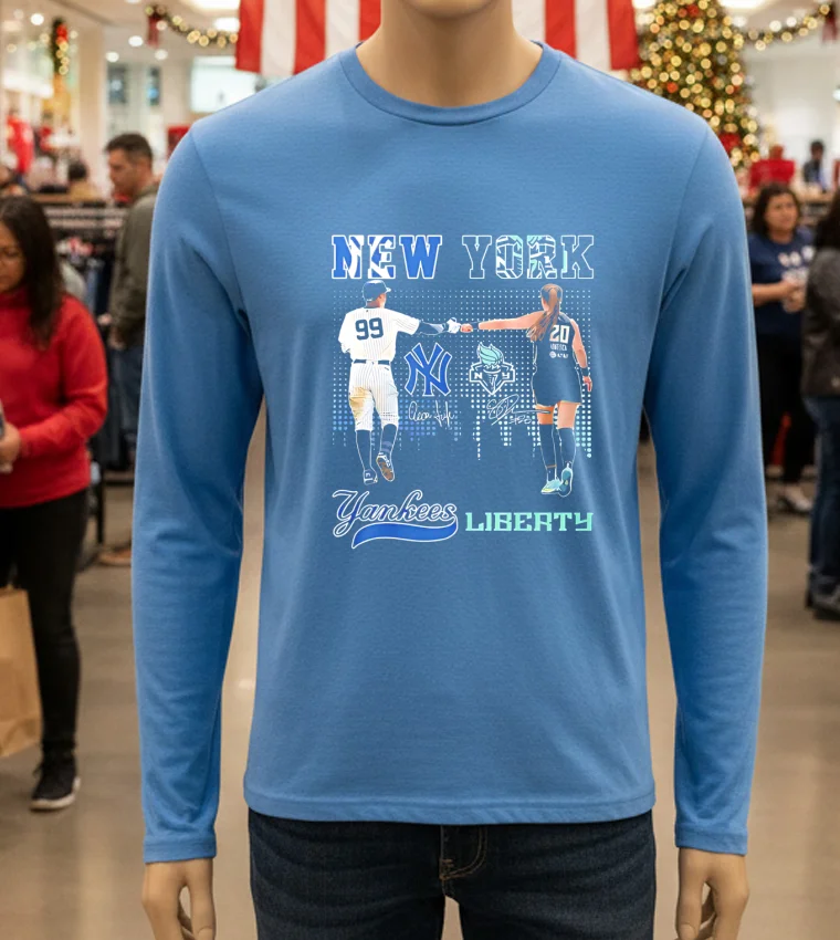 New York Yankees Judge No.99 New York Liberty Ionescu No.20 - blue-t-shirt Yankees Judge and Liberty Ionescu blue t-shirt featuring player numbers.