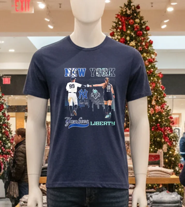 Yankees Judge and Liberty Ionescu navy t-shirt featuring player numbers.