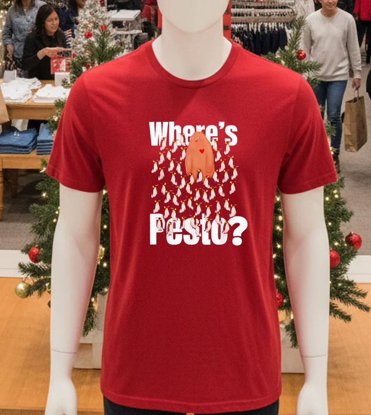 Pesto Cute Penguin Where’s Pesto - red-t-shirt Pesto Cute Penguin Wheres Pesto Red T Shirt