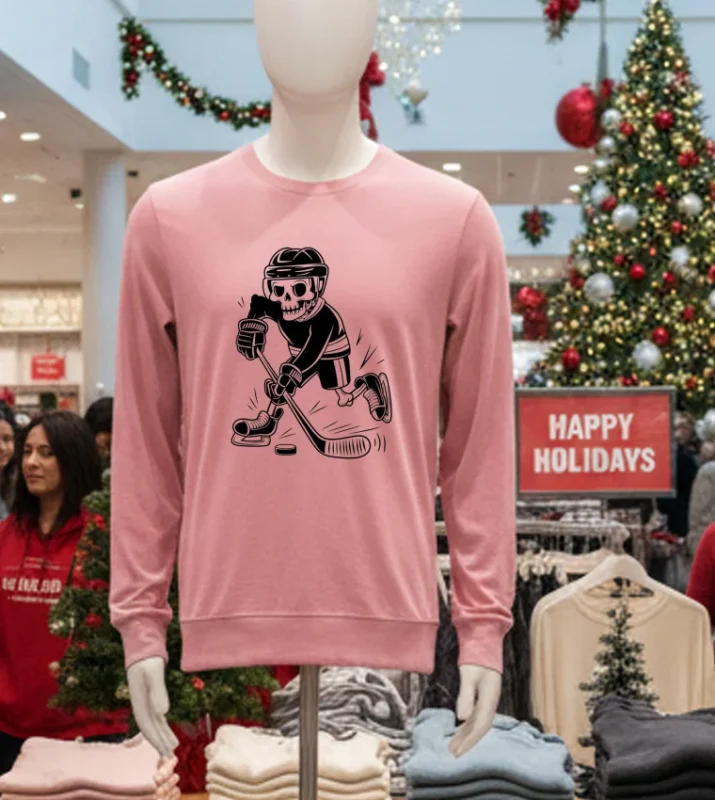 Skeleton Playing Ice Hockey Sport Graphic Pink T Shirt