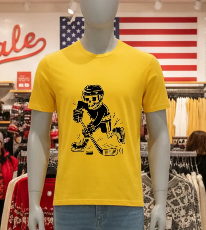 Skeleton Playing Ice Hockey Sport Graphic Yellow T Shirt