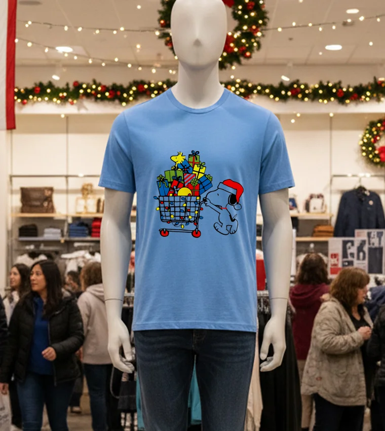 Snoopy Go To The Supermarket Christmas - blue-t-shirt Snoopy Go To The Supermarket Christmas Blue T Shirt