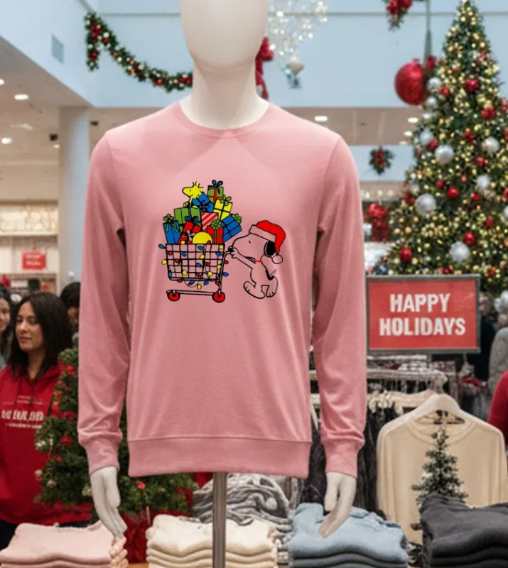 Snoopy Go To The Supermarket Christmas Pink T Shirt