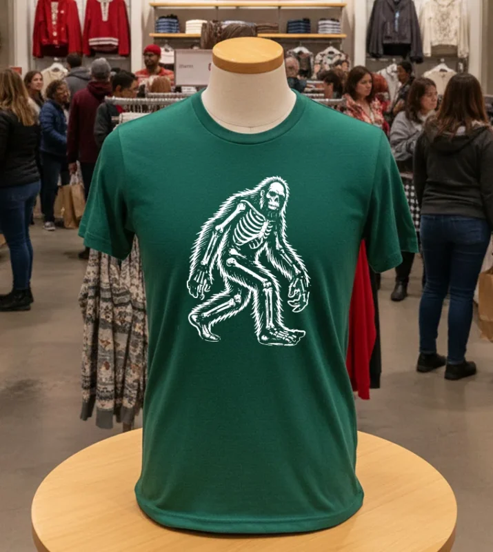 Bigfoot Sasquatch Halloween Skeleton Kids Green T Shirt