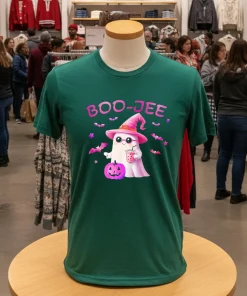 Boojee Ghost Cute Pink Halloween Design   Green T Shirt