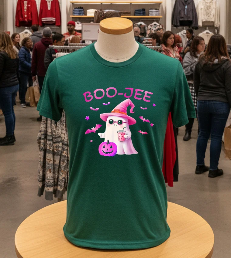 Boojee Ghost Cute Pink Halloween Design - green-t-shirt Boojee Ghost Cute Pink Halloween Design Green T Shirt