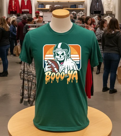 Boooya Spooky Ghost Halloween Football Vintage   Green T Shirt