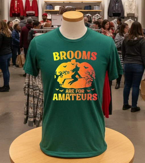 Brooms Are For Amateurs Hockey Stick Happy Halloween   Green T Shirt