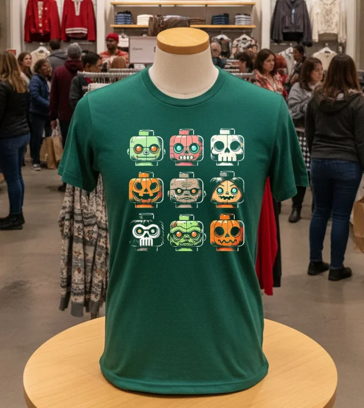 Building Brick Heads Horror Halloween Characters Mask   Green T Shirt