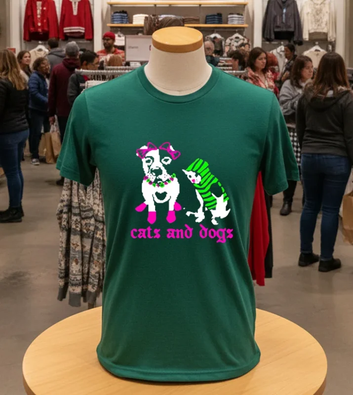 Cats And Dog Pixels Pets   Green T Shirt