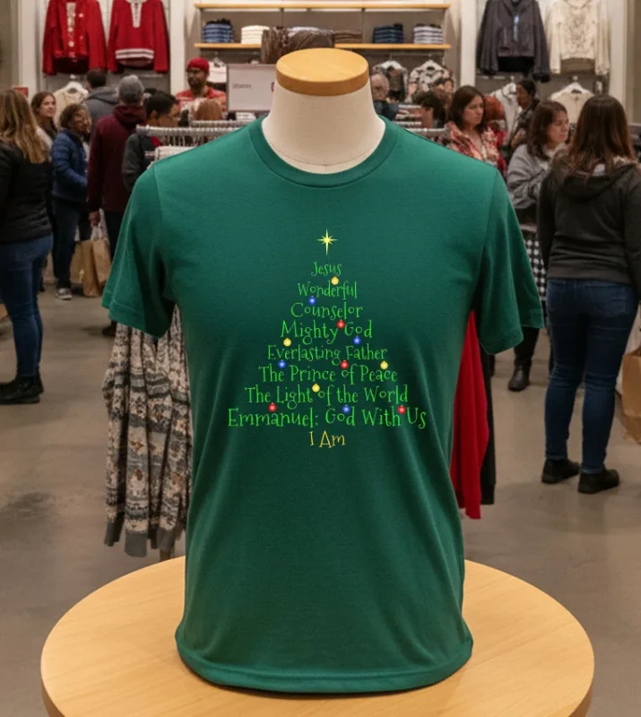 Christian Christmas S Bible Names Of Jesus Tree Shaped   Green T Shirt