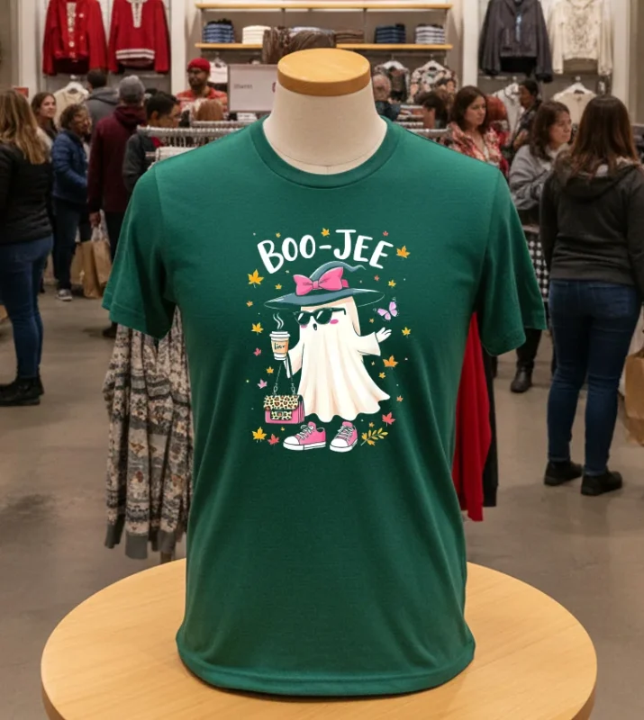 Cute Boo Jee Ghost Halloween 2024 Coffee Lover   Green T Shirt