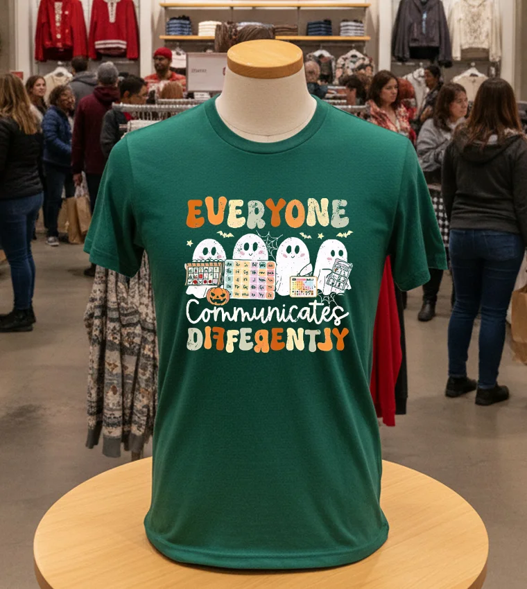 Everyone Communicates Differently Halloween Slp Sped Teacher - green-t-shirt Everyone Communicates Differently Halloween Slp Sped Teacher Green T Shirt