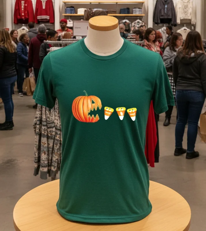 Funny Halloween Pumpkin Jack O Lantern Eating Candy Corn Green T Shirt