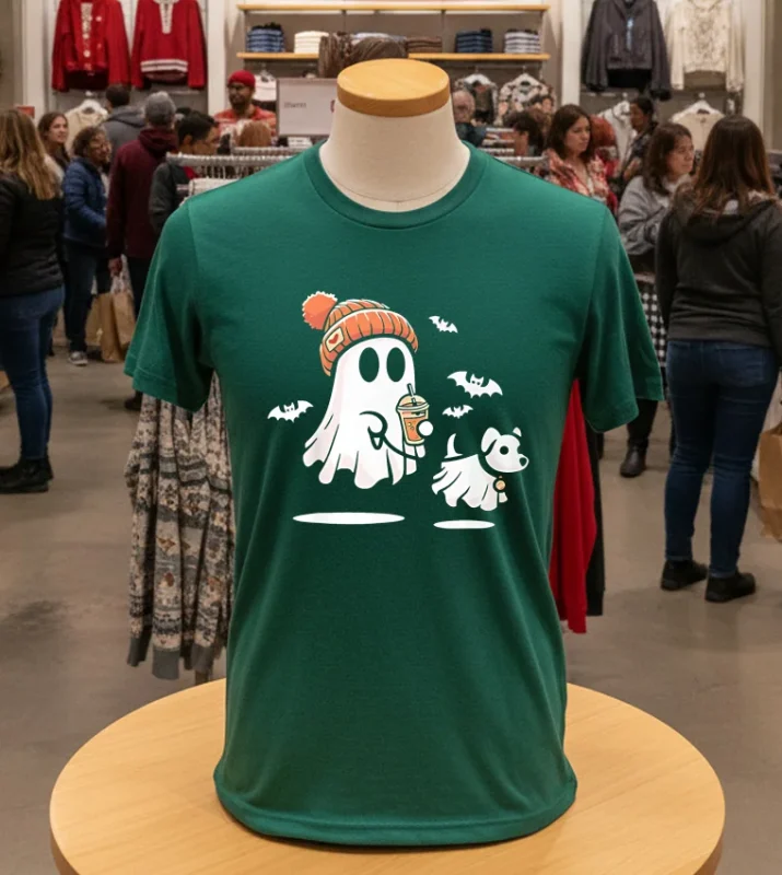 Ghost With Walking Dog Halloween   Green T Shirt